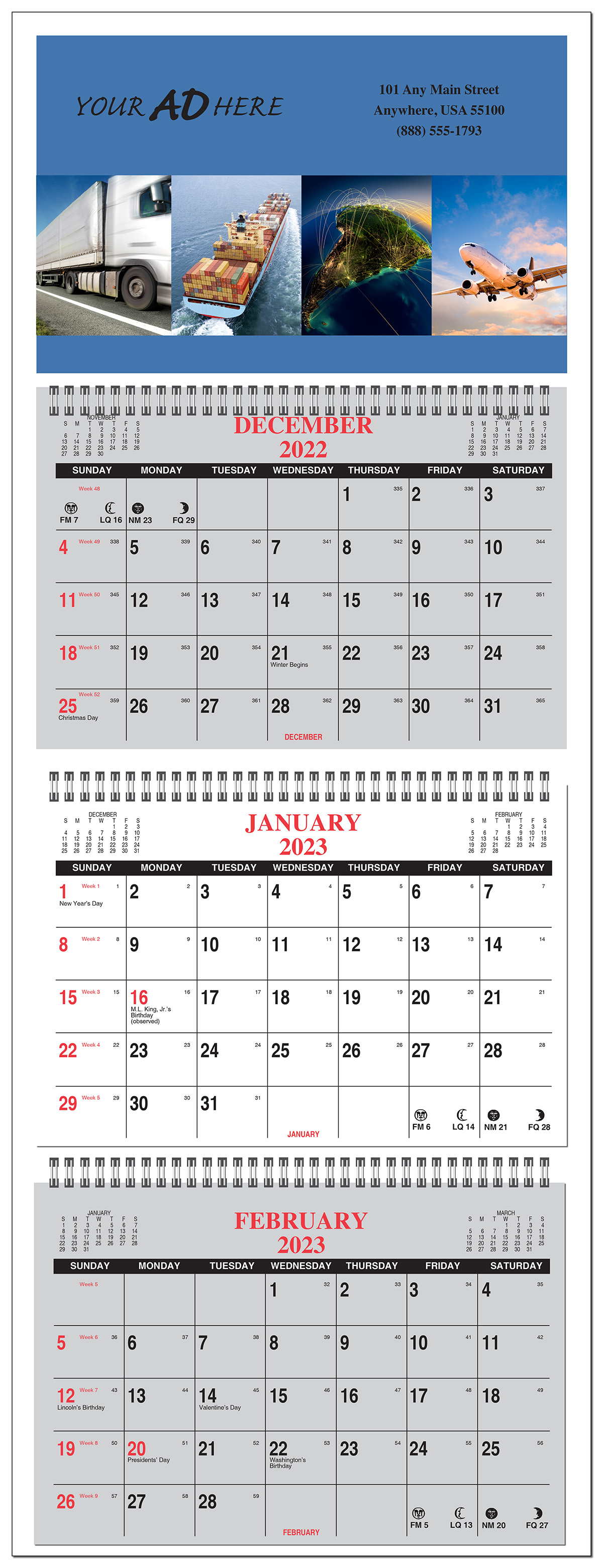 3Month View at a Glance Calendar with Weeks of Year Numbered