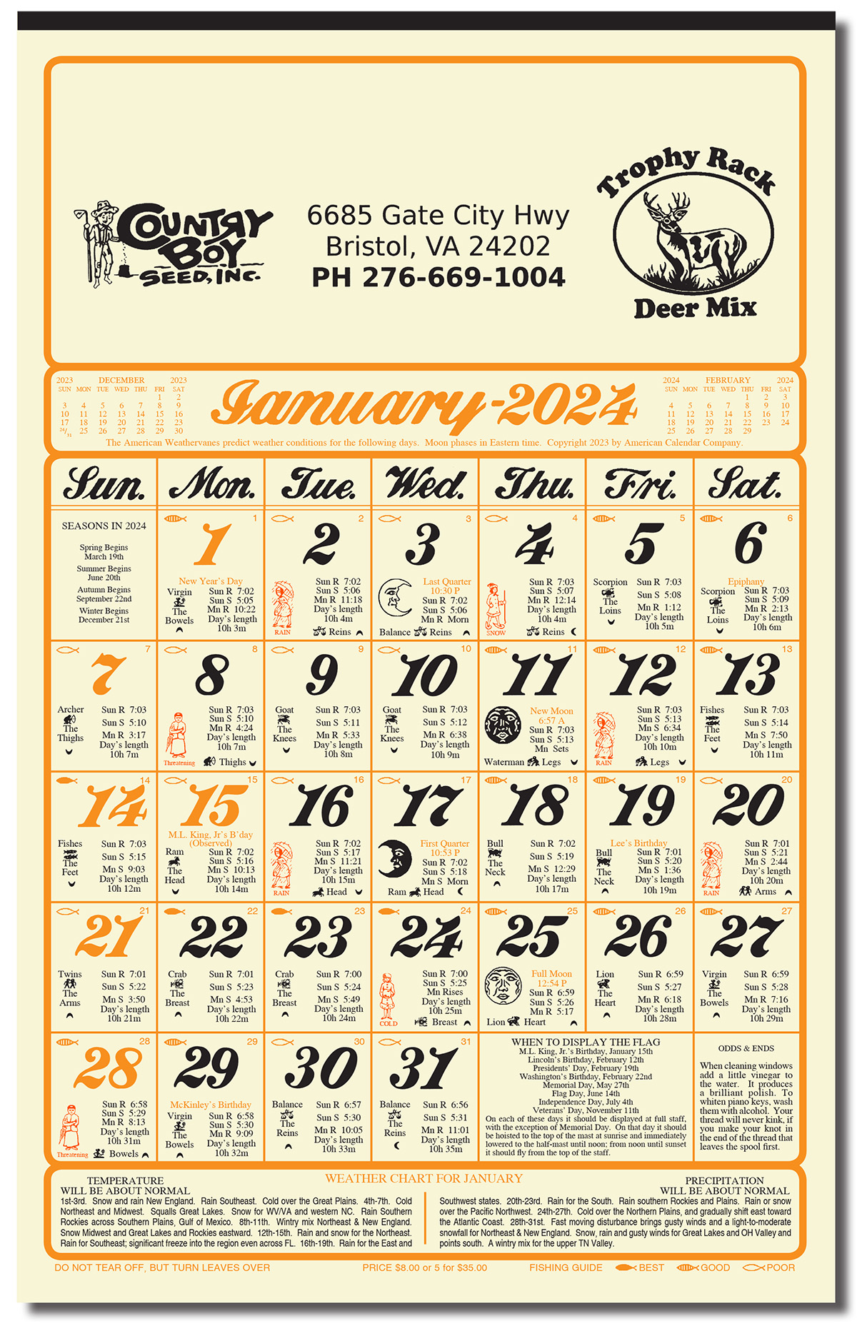 Weatherbird Almanac Calendar Fishing and Planting Garden Signs