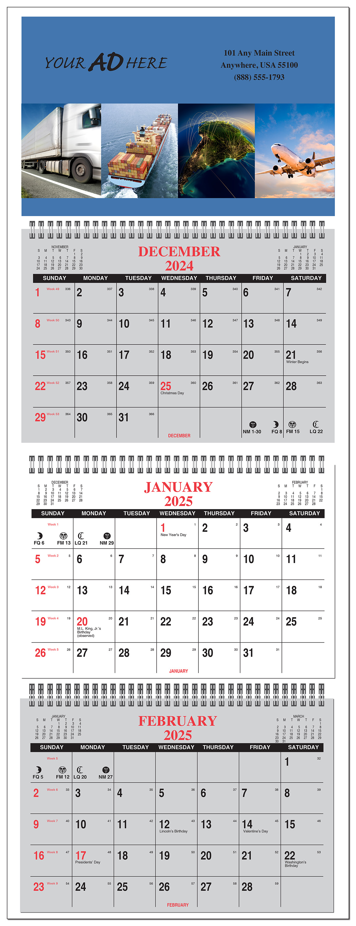 3Month View at a Glance Calendar with Weeks of Year Numbered